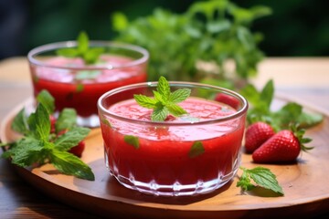  a close up of two glasses of liquid on a plate with strawberries and mint leaves on the side of the glasses and a green leafy plant in the background.