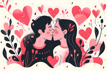 Valentine's Day celebration with a vector drawing of a romantic couple expressing love in flat color blocks of red, black, and pink. Simple, lively illustrations with fluid and organic shapes.