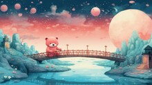  A Painting Of A Teddy Bear On A Bridge Over A Body Of Water With A Full Moon In The Sky And A Building On The Other Side Of The Bridge.