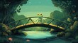  a frog is standing on a bridge over a river in the middle of a forest with lots of plants and a pond in the middle of the bridge is lit by the sun.