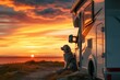Dog looking out of motorhome or caravan window on vacation