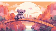  A Painting Of A Teddy Bear Sitting On A Bridge Over A River With A Cityscape In The Background And A Full Moon In The Sky In The Background.