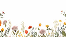 Simple White Background Paper With Some Grids For Writing. Seamless Floral Background With Watercolor Wildflowers And Herbs. Space For Your Text.