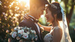 Happy beautiful Asian bride and groom in wedding dresses outdoors. Wedding couple