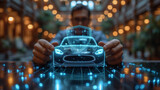 Fototapeta  - man holding a halograph model of a car. safety concept, car insurance, rental car