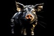  a black and white picture of a pig's head with a brown nose and a black background is featured in this low - poly polygonal image of a pig's head.