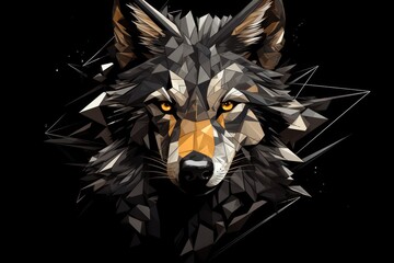 a close up of a wolf's face on a black background with a black background and a white wolf's head on the right side of the image.