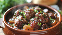 Close-up Of Coq Au Vin In Rustic Ceramic Casserole. Coq Au Vin Is A Traditional French Dish Of Rooster Or Chicken With Vegetables Stewed In Burgundy Wine Sauce.