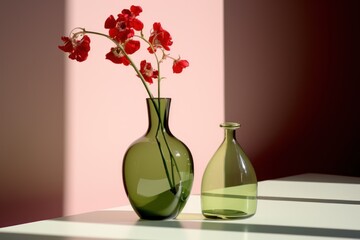  a couple of vases sitting on top of a table next to each other on top of a white table with a pink wall behind the vase and a green vase with red flowers.