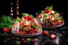  A Close Up Of Two Bowls Of Food On A Table With Strawberries On The Side Of The Bowls And A Spoon To The Side Of The Bowls With Strawberries On The Side.