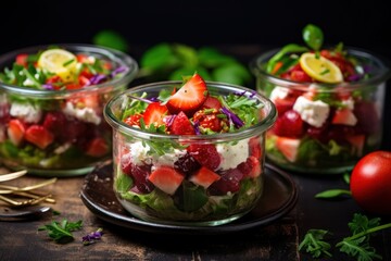 Wall Mural -  a close up of a salad in a glass bowl on a plate with a fork and a spoon on the side of the bowl, with another salad in the background.