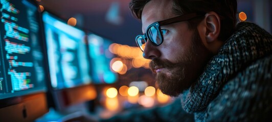 Close-up portrait of male programmer coding, developing new software, managing cybersecurity project. Young Caucasian bearded man working on computer. Lines of code language reflecting on his glasses.