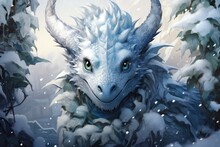  A Painting Of A White Dragon With Green Eyes In A Snowy Forest With Snow On The Ground And Trees And Snow On The Ground, And Snow On The Ground.