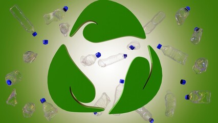 3d rendering of biodegradable sign and empty plastic bottles garbage