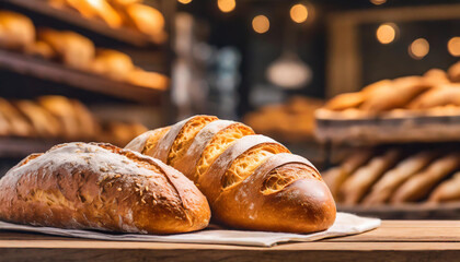 A magazine quality shot of a banner bakery, fresh bread with golden crust on store shelves