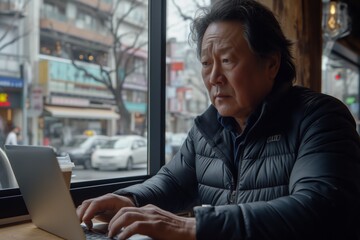 Senior man contemplatively working on his laptop in a cafe overlooking a city street. Mature entrepreneur analyzing data on a laptop at a window seat in an urban coffee shop.