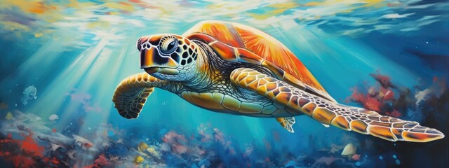 Wall Mural - a green sea turtle in a beautiful blue ocean. turquoise water color. background wallpaper	