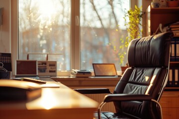 Poster - A desk with a computer and chair positioned in front of a window. Suitable for office, workspace, or home office concepts