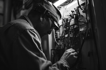 Poster - A man wearing a hard hat is seen working on an electrical panel. This image can be used to depict electrical maintenance, construction, or industrial work