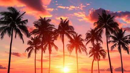 Wall Mural - A beautiful view of a group of palm trees on a beach at sunset. Perfect for travel and vacation related projects