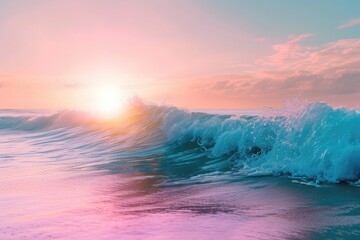 Wall Mural - A beautiful sunset over a rolling wave in the ocean.