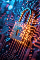 Poster - A close up view of a circuit board with a padlock. This image can be used to represent security, technology, or data protection