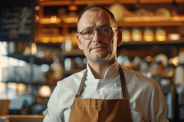 Wall Mural - A man wearing an apron stands in a kitchen. This image can be used to depict cooking, food preparation, or domestic activities