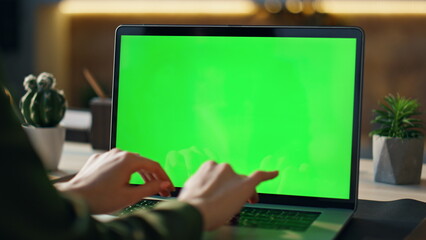 Wall Mural - hands typing mockup laptop working remotely in workplace close up. woman writing