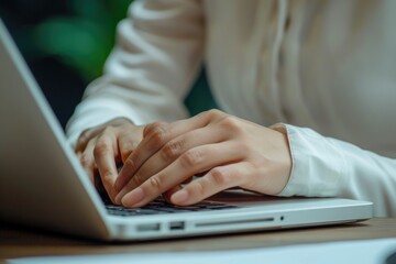 Poster - Close up of a person typing on a laptop. Suitable for business, technology, and remote work concepts