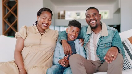 Sticker - Family, face and hug for love and laughing, funny conversation and communication at home to relax. Black parents, son and bonding in living room, happiness and humor or embracing in portrait on couch