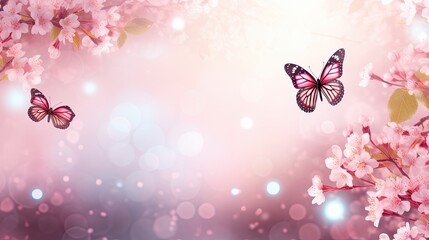 Wall Mural - Spring banner background with pink blossom and flying butterfly