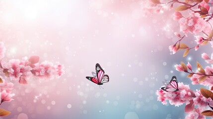 Wall Mural - Spring banner background with pink blossom and flying butterfly