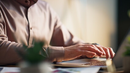 Wall Mural - Bearded manager busy office work sitting desk closeup. Businessman typing laptop