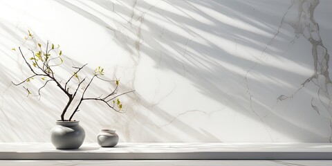 Wall Mural - White marble table with tree branches shadow, suitable for presentation backdrop, display, and mock up.