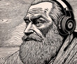 © Jumpingsack - An old man with a mustache and beard listens to music on headphones. Engraving style