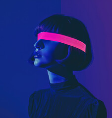 Bluish pink artistic aesthetics of a portrait of a young woman in the neon cyber style of the 2000s. Mystical and vibrant geometric portrait of an enigmatic figure.