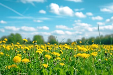 Wall Mural - A picturesque field filled with vibrant yellow dandelions under a clear blue sky. Perfect for springtime and nature-themed designs