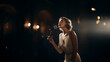 © Taras - Stylish retro girl in vintage dress sings into a microphone. Woman singer of 20s and 30s years. Concert and performance. White Spotlights. AI Generated