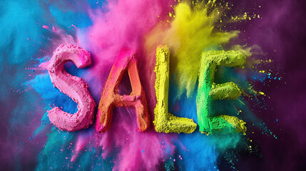 Wall Mural - word sale on colorful background, made explosion of colorful powder, Dynamic Sale Announcement with Vibrant Holi Powder Burst, Promotional Events, Birthdays, and Holiday Discounts on black.