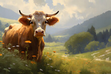 Scenic Meadow With A Lovely Cow Surrounded By Wildflowers And A Backdrop Of Rolling Hills  Generative AI,