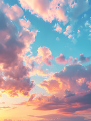 epic colorful sky with clouds at sunset. View towards the horizon. Colors in different shades of blue and light blue, and orange and yellow colors predominate.