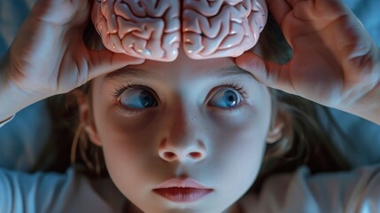 Aufkleber - A young girl holding up a brain model to her head. Perfect for educational purposes or medical-themed projects
