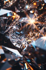 Poster - A close up shot of a diamond resting on a sleek black surface. Perfect for jewelry advertisements or luxury-themed designs