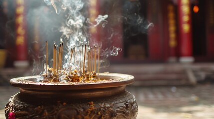 Aufkleber - Incense sticks being lit in a bronze pot. Ideal for creating a calming and aromatic atmosphere.