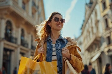 Poster - A woman is seen walking down a busy city street, carrying multiple shopping bags. This image can be used to represent shopping, city life, consumerism, or retail therapy