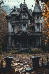 Poster - An old house surrounded by trees in the middle of a forest. Can be used to depict solitude, nature, or mystery