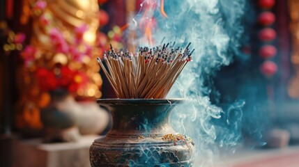 Aufkleber - Incense sticks sticking out of a metal vase. Can be used to create a calming atmosphere or for spiritual rituals