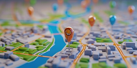 Aufkleber - A close-up view of a map with pins representing various locations. Ideal for travel, navigation, or geographical concepts