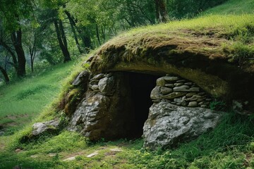 Poster - A picture of a small cave nestled in the midst of a vibrant and verdant forest. This image can be used to depict the beauty and tranquility of nature