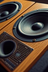 Aufkleber - A pair of speakers sitting on top of a wooden table. Perfect for adding audio to your home or office space